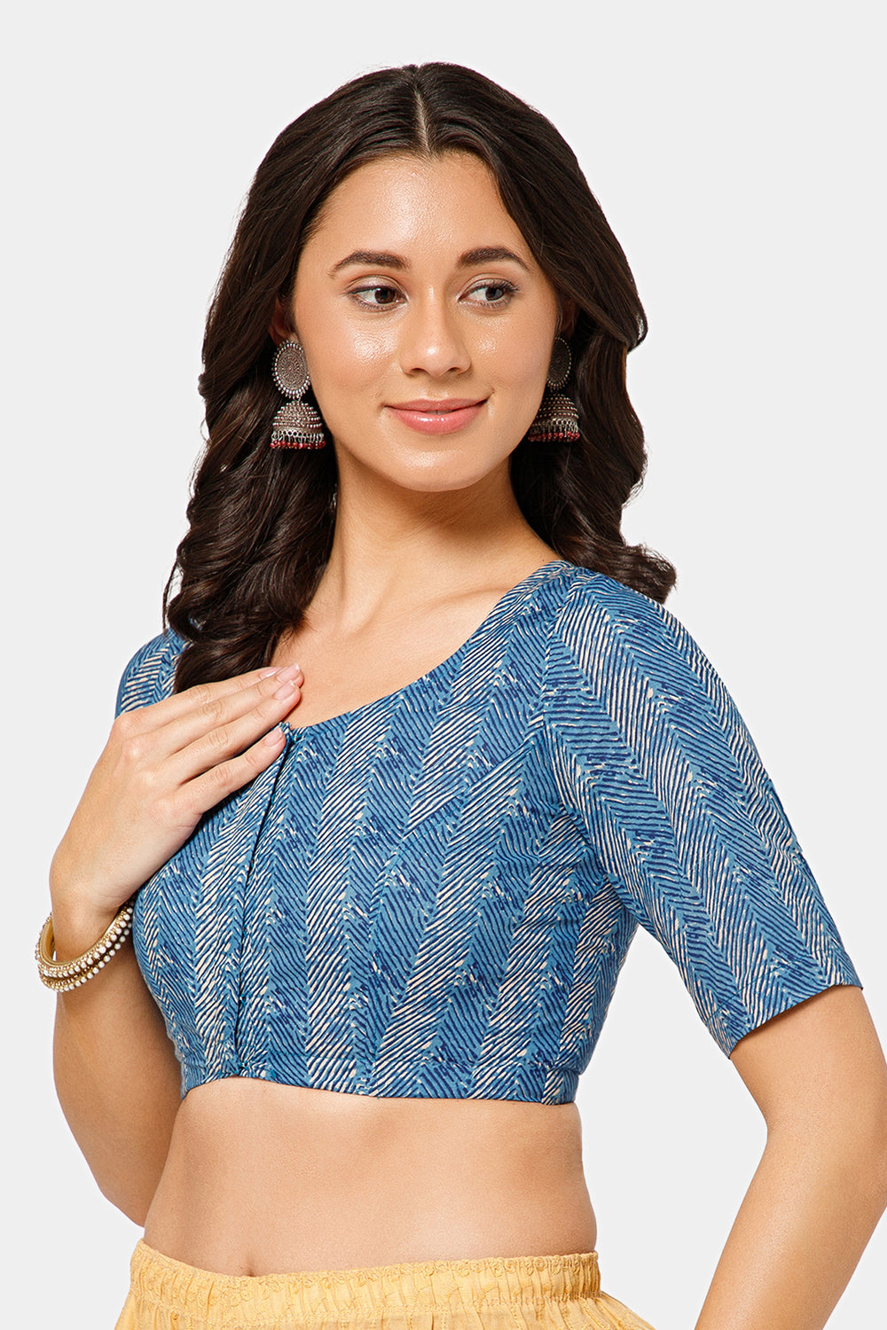 Naidu Hall Women’s Jaipur Cotton Printed Front-Open Blouse | Curved V-Neck, Elbow Sleeves, Regular Fit - BU23