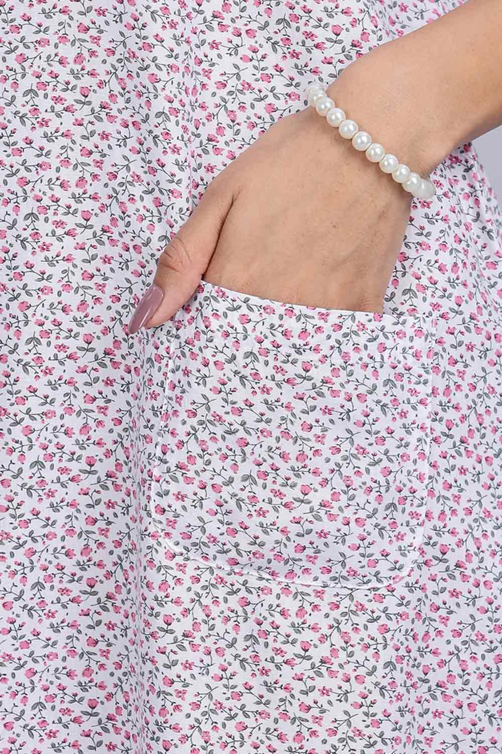 Naidu Hall Women's Printed A-Line Nighty with Round Neck Mock Shawl Collar, Half Sleeves, and Lace Detailed Button Placket - Pink - NA07 - Naidu Hall Family Store