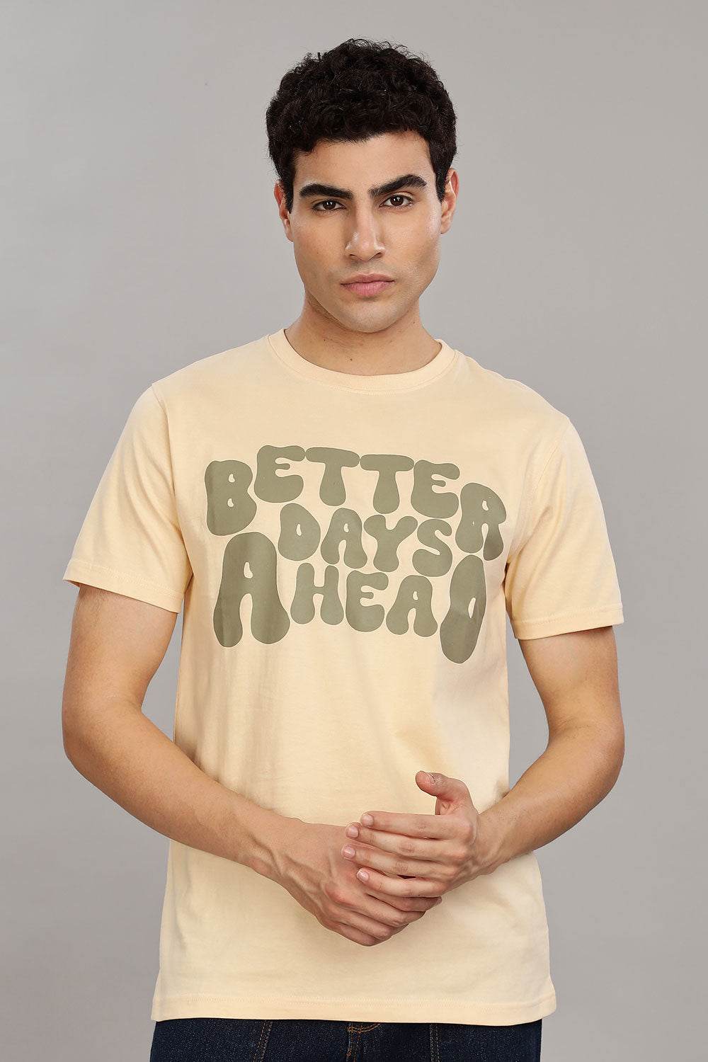 Enhance Men's 100% Cotton Typography Print T-Shirt with Round Neck and Half Sleeves – Everyday Wear - Beige - T105 - Naidu Hall Family Store