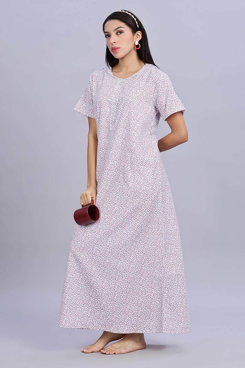 Naidu Hall Women's Printed A-Line Nighty with Round Neck Mock Shawl Collar, Half Sleeves, and Lace Detailed Button Placket - Pink - NA07 - Naidu Hall Family Store