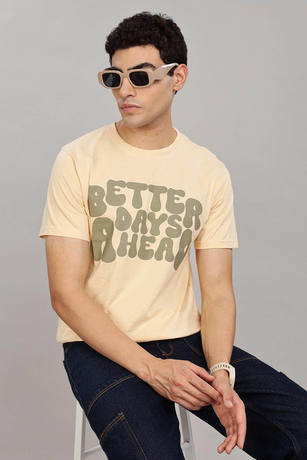 Enhance Men's 100% Cotton Typography Print T-Shirt with Round Neck and Half Sleeves – Everyday Wear - Beige - T105 - Naidu Hall Family Store