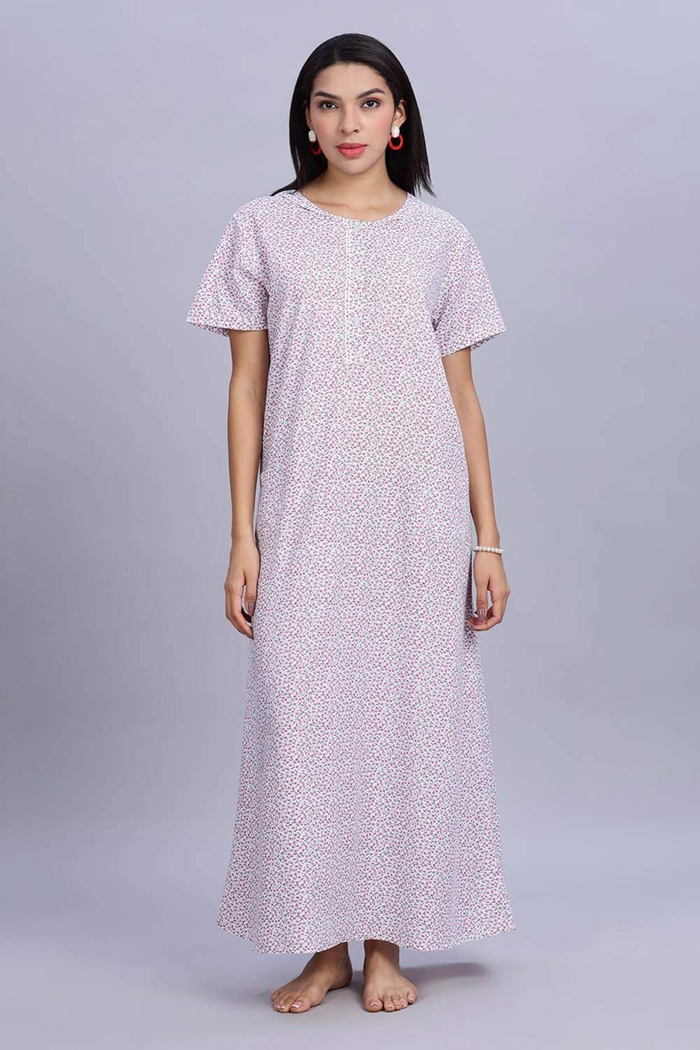 Naidu Hall Women's Printed A-Line Nighty with Round Neck Mock Shawl Collar, Half Sleeves, and Lace Detailed Button Placket - Pink - NA07