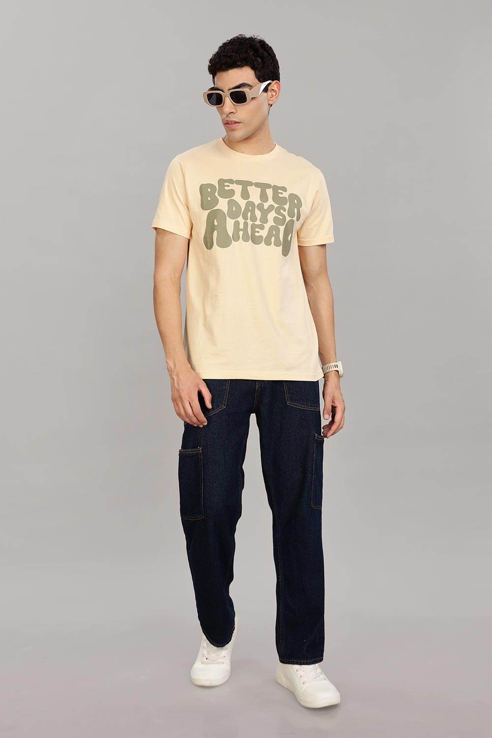 Enhance Men's 100% Cotton Typography Print T-Shirt with Round Neck and Half Sleeves – Everyday Wear - Beige - T105 - Naidu Hall Family Store