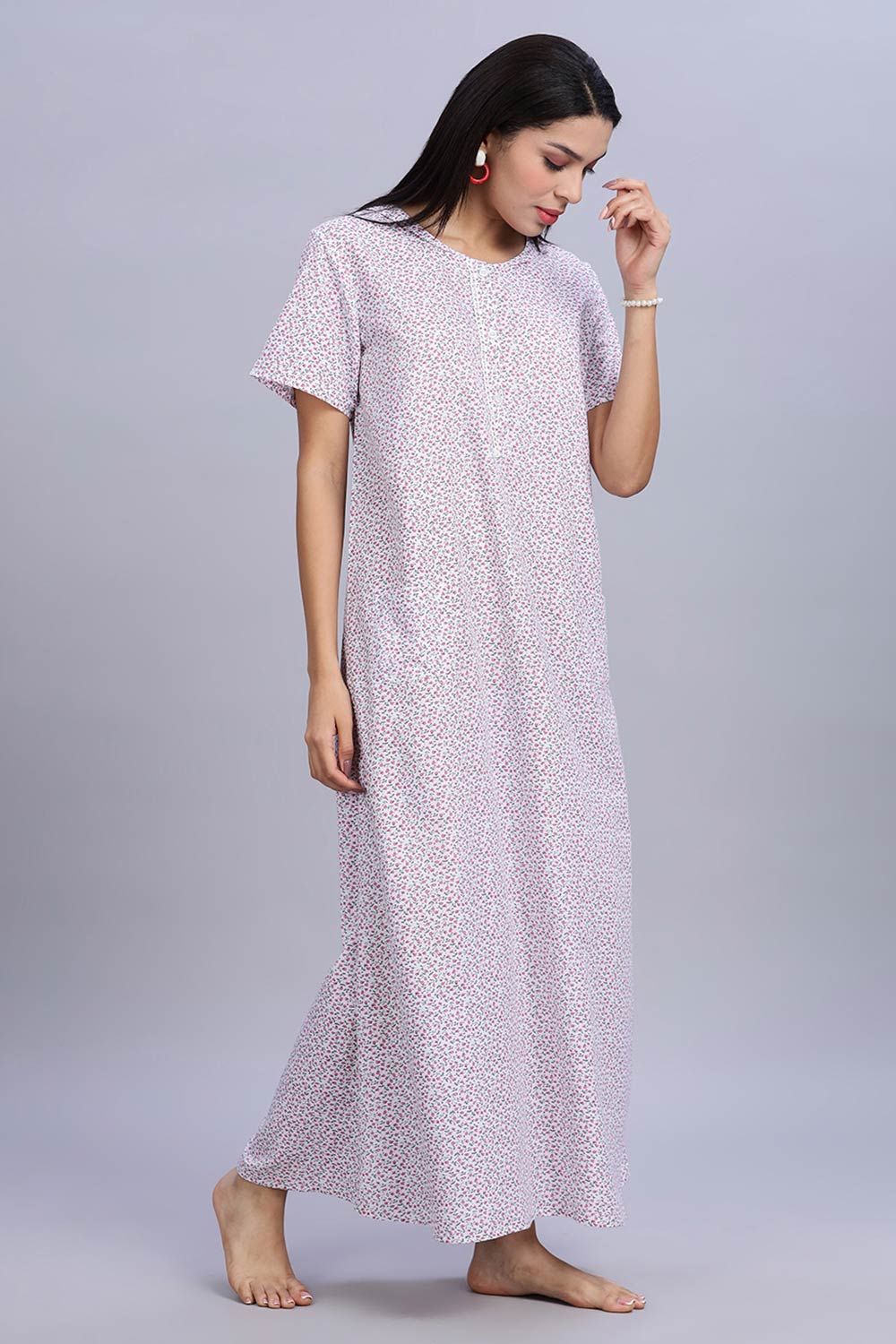 Naidu Hall Women's Printed A-Line Nighty with Round Neck Mock Shawl Collar, Half Sleeves, and Lace Detailed Button Placket - Pink - NA07
