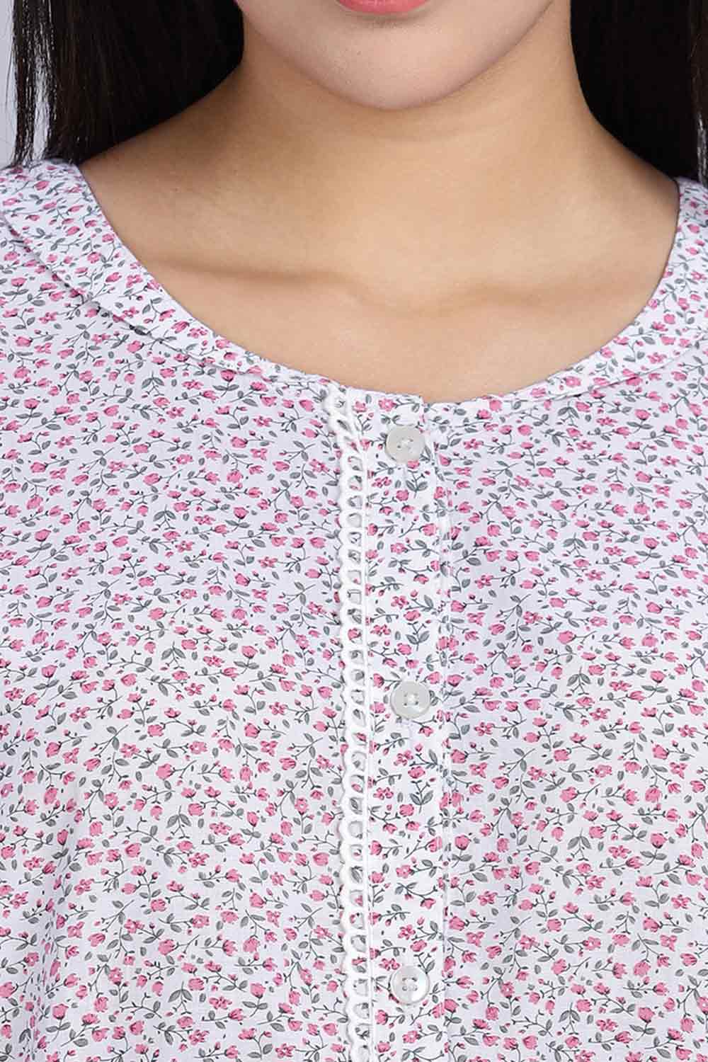Naidu Hall Women's Printed A-Line Nighty with Round Neck Mock Shawl Collar, Half Sleeves, and Lace Detailed Button Placket - Pink - NA07
