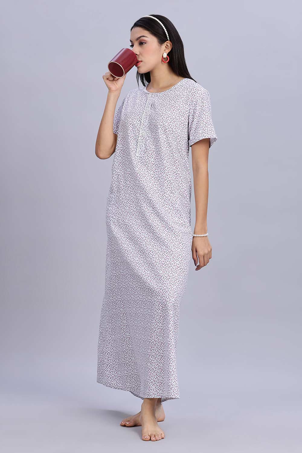 Naidu Hall Women's Printed A-Line Nighty with Round Neck Mock Shawl Collar, Half Sleeves, and Lace Detailed Button Placket - Purple - NA07
