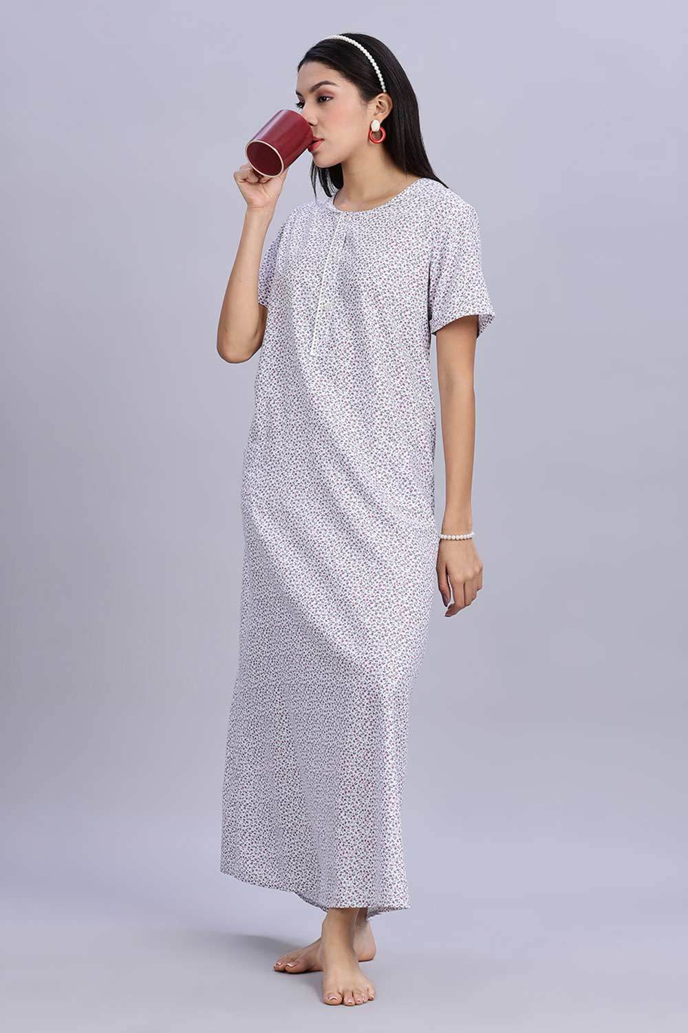 Naidu Hall Women's Printed A-Line Nighty with Round Neck Mock Shawl Collar, Half Sleeves, and Lace Detailed Button Placket - Purple - NA07 - Naidu Hall Family Store