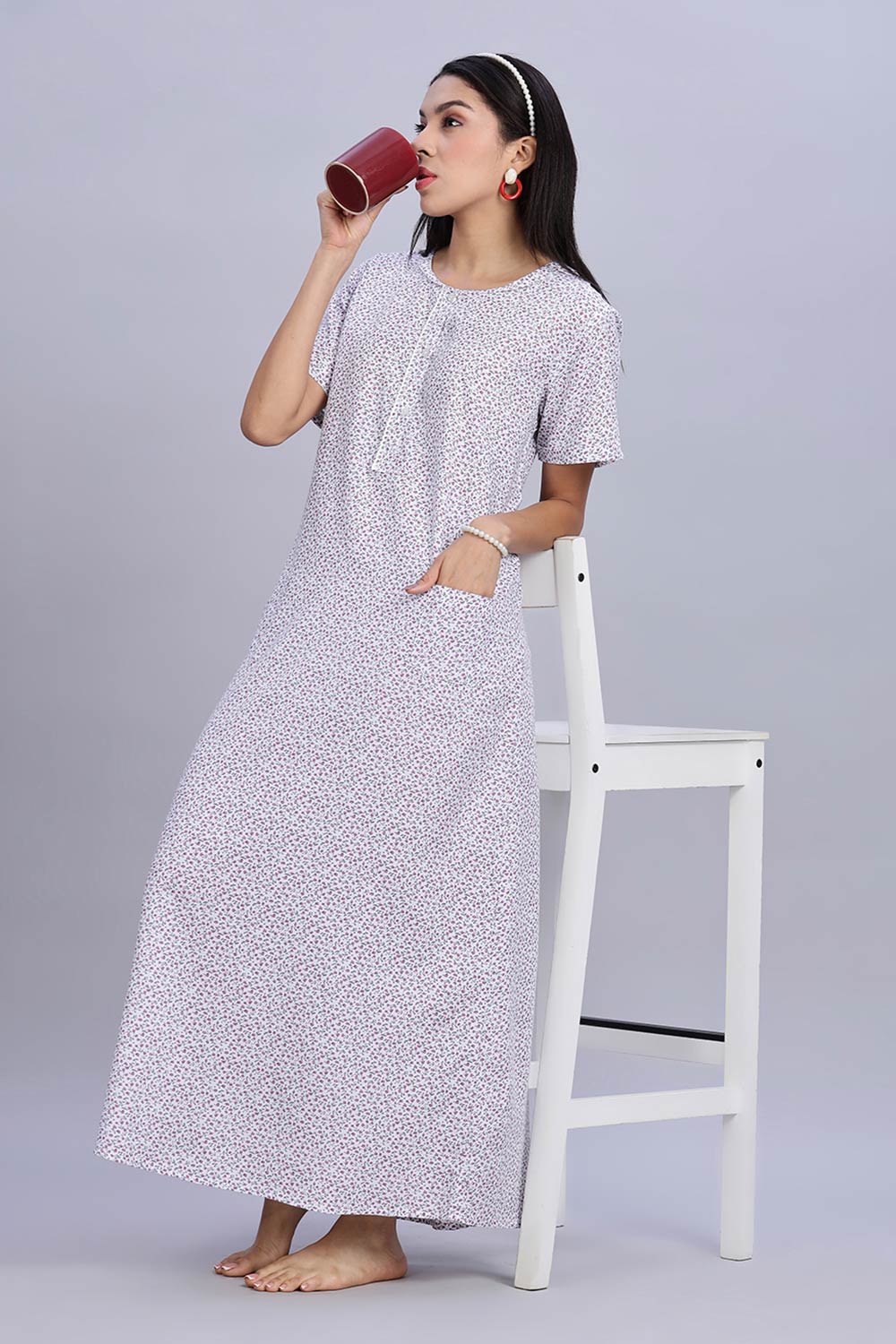 Naidu Hall Women's Printed A-Line Nighty with Round Neck Mock Shawl Collar, Half Sleeves, and Lace Detailed Button Placket - Purple - NA07