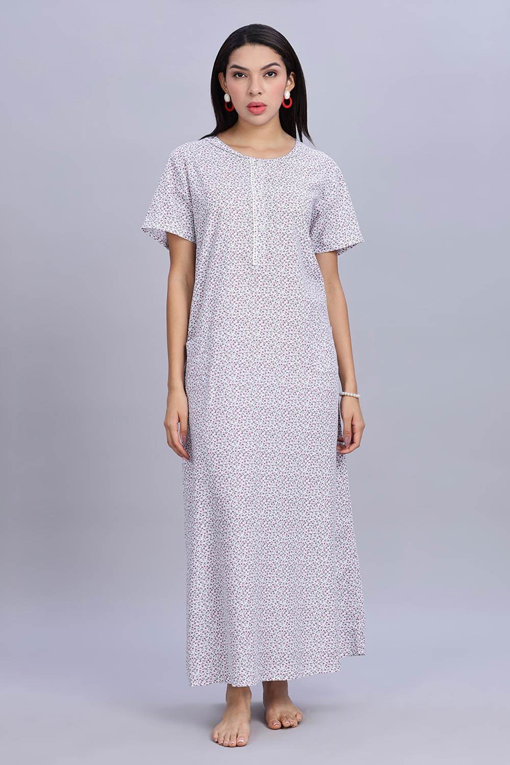 Naidu Hall Women's Printed A-Line Nighty with Round Neck Mock Shawl Collar, Half Sleeves, and Lace Detailed Button Placket - Purple - NA07 - Naidu Hall Family Store