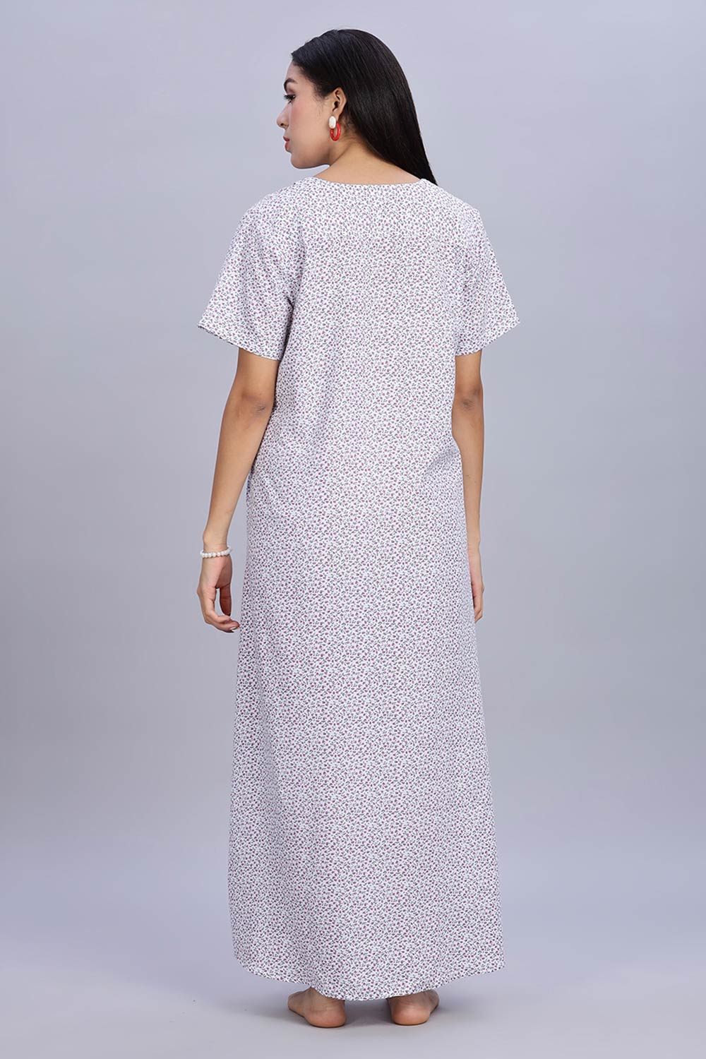 Naidu Hall Women's Printed A-Line Nighty with Round Neck Mock Shawl Collar, Half Sleeves, and Lace Detailed Button Placket - Purple - NA07