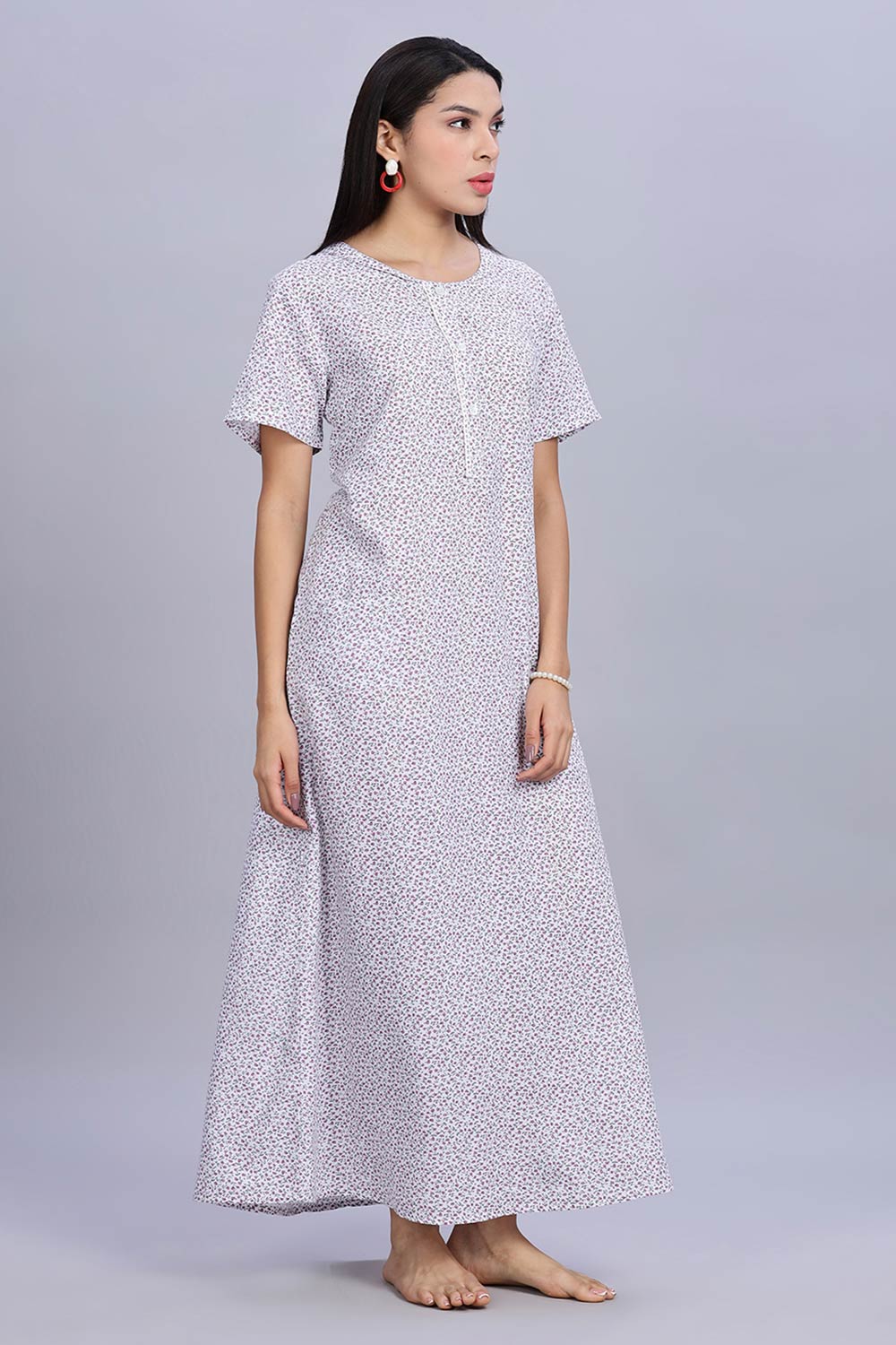 Naidu Hall Women's Printed A-Line Nighty with Round Neck Mock Shawl Collar, Half Sleeves, and Lace Detailed Button Placket - Purple - NA07