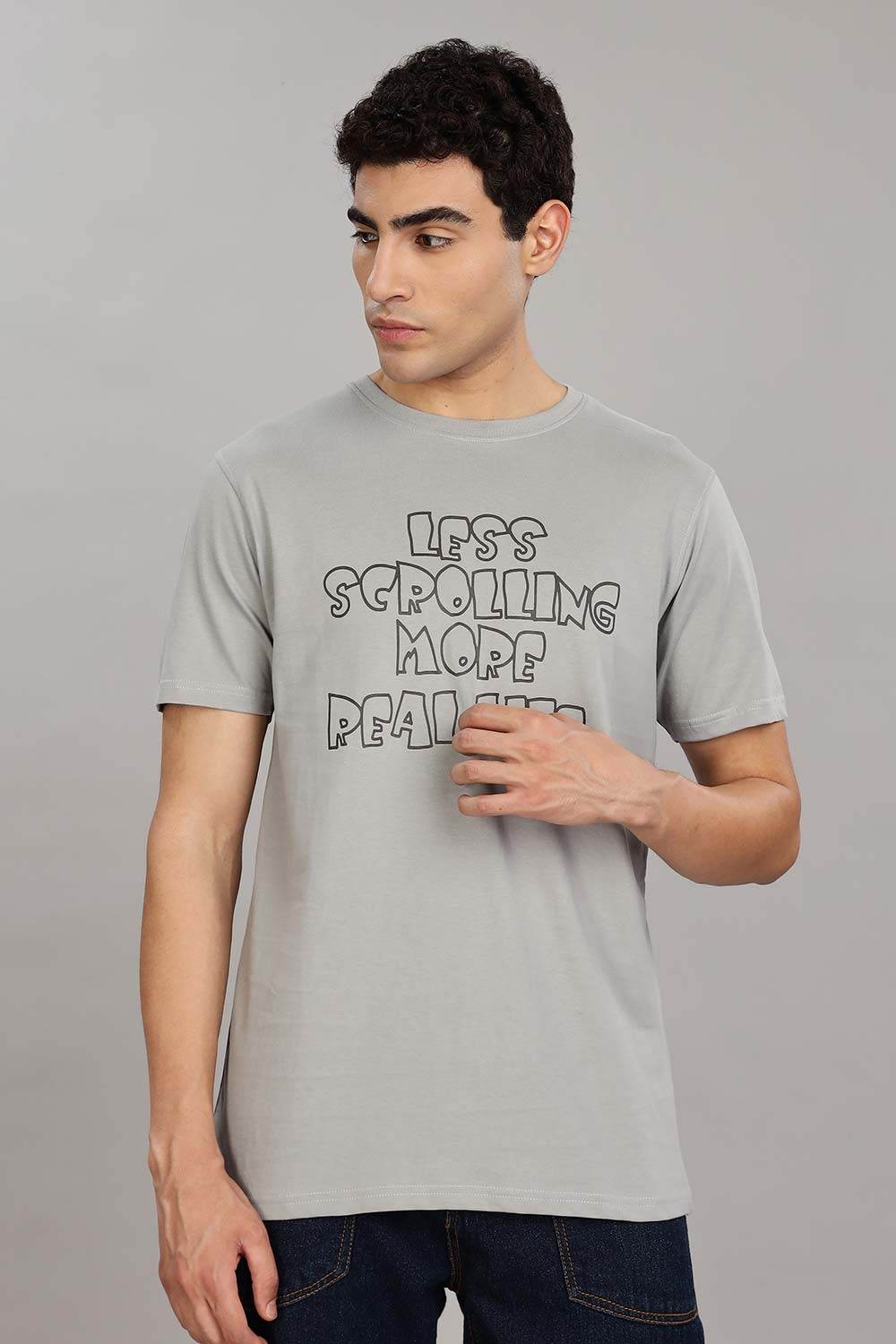 Enhance Men's Cotton T-Shirt with Typography Print – Round Neck Half Sleeve Everyday Wear - Grey - T108 - Naidu Hall Family Store