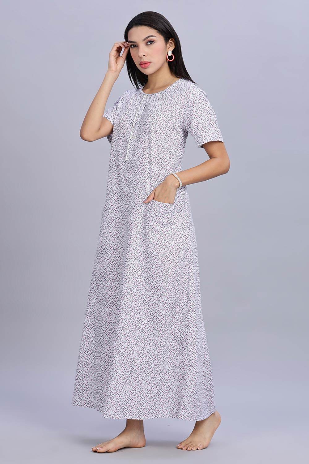 Naidu Hall Women's Printed A-Line Nighty with Round Neck Mock Shawl Collar, Half Sleeves, and Lace Detailed Button Placket - Purple - NA07 - Naidu Hall Family Store