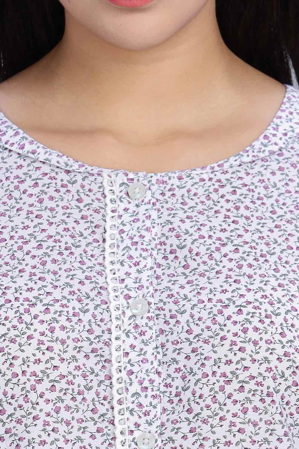 Naidu Hall Women's Printed A-Line Nighty with Round Neck Mock Shawl Collar, Half Sleeves, and Lace Detailed Button Placket - Purple - NA07