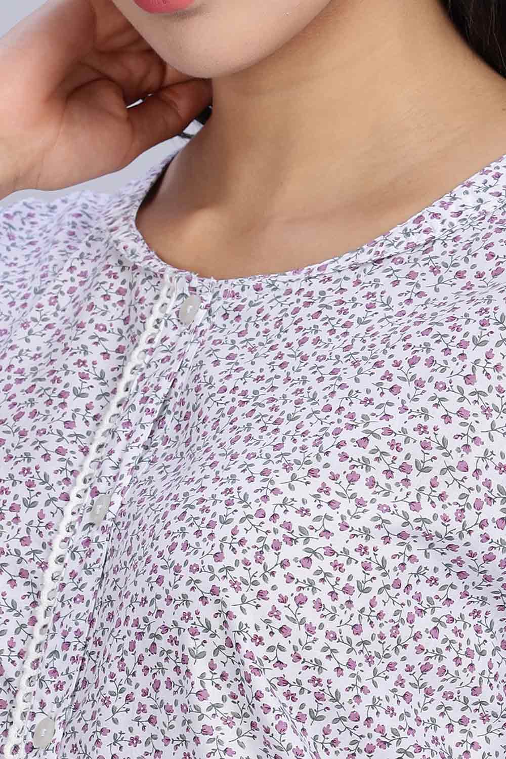 Naidu Hall Women's Printed A-Line Nighty with Round Neck Mock Shawl Collar, Half Sleeves, and Lace Detailed Button Placket - Purple - NA07