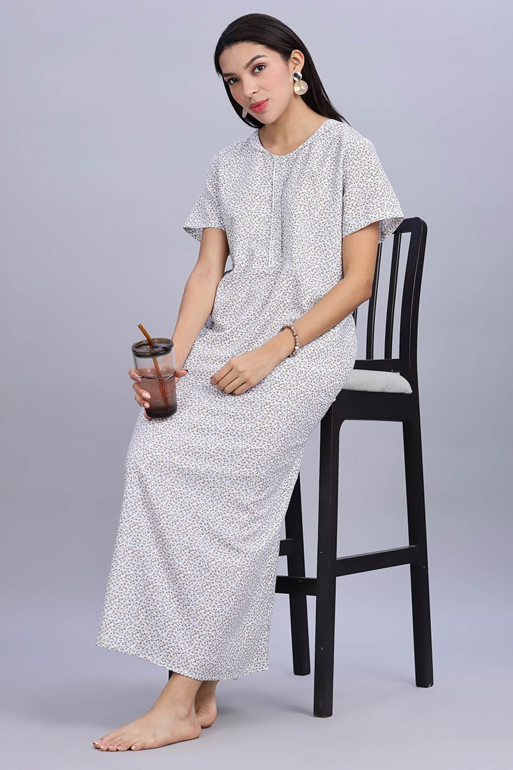 Naidu Hall Women's Printed A-Line Nighty with Round Neck Mock Shawl Collar, Half Sleeves, and Lace Detailed Button Placket - Brown - NA07