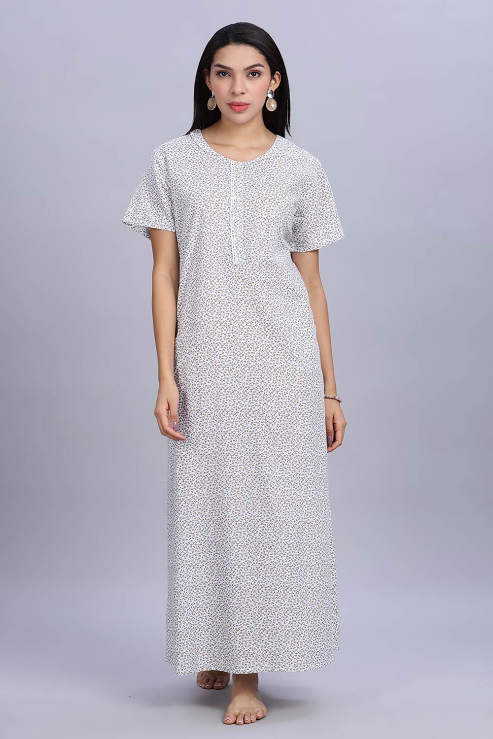 Naidu Hall Women's Printed A-Line Nighty with Round Neck Mock Shawl Collar, Half Sleeves, and Lace Detailed Button Placket - Brown - NA07