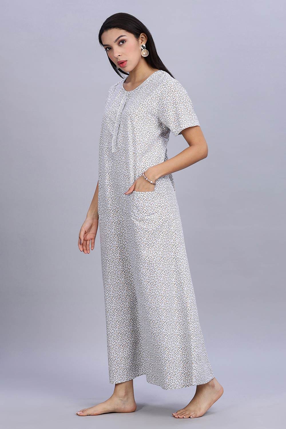 Naidu Hall Women's Printed A-Line Nighty with Round Neck Mock Shawl Collar, Half Sleeves, and Lace Detailed Button Placket - Brown - NA07 - Naidu Hall Family Store