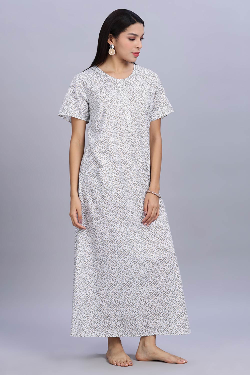 Naidu Hall Women's Printed A-Line Nighty with Round Neck Mock Shawl Collar, Half Sleeves, and Lace Detailed Button Placket - Brown - NA07