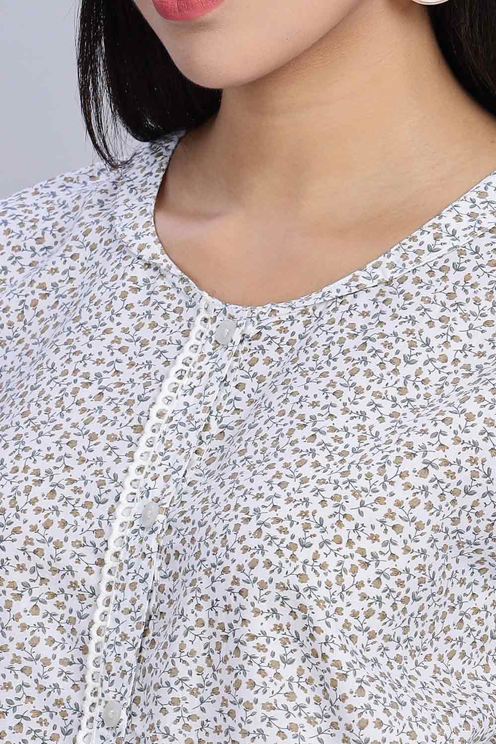 Naidu Hall Women's Printed A-Line Nighty with Round Neck Mock Shawl Collar, Half Sleeves, and Lace Detailed Button Placket - Brown - NA07