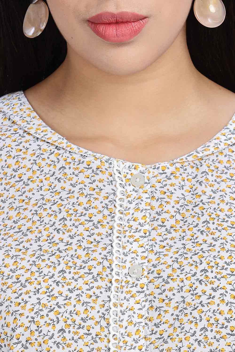 Naidu Hall Women's Printed A-Line Nighty with Round Neck Mock Shawl Collar, Half Sleeves, and Lace Detailed Button Placket - Yellow - NA07 - Naidu Hall Family Store
