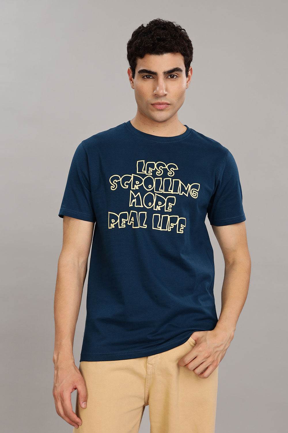 Enhance Men's Cotton T-Shirt with Typography Print – Round Neck Half Sleeve Everyday Wear - Navy - T107 - Naidu Hall Family Store