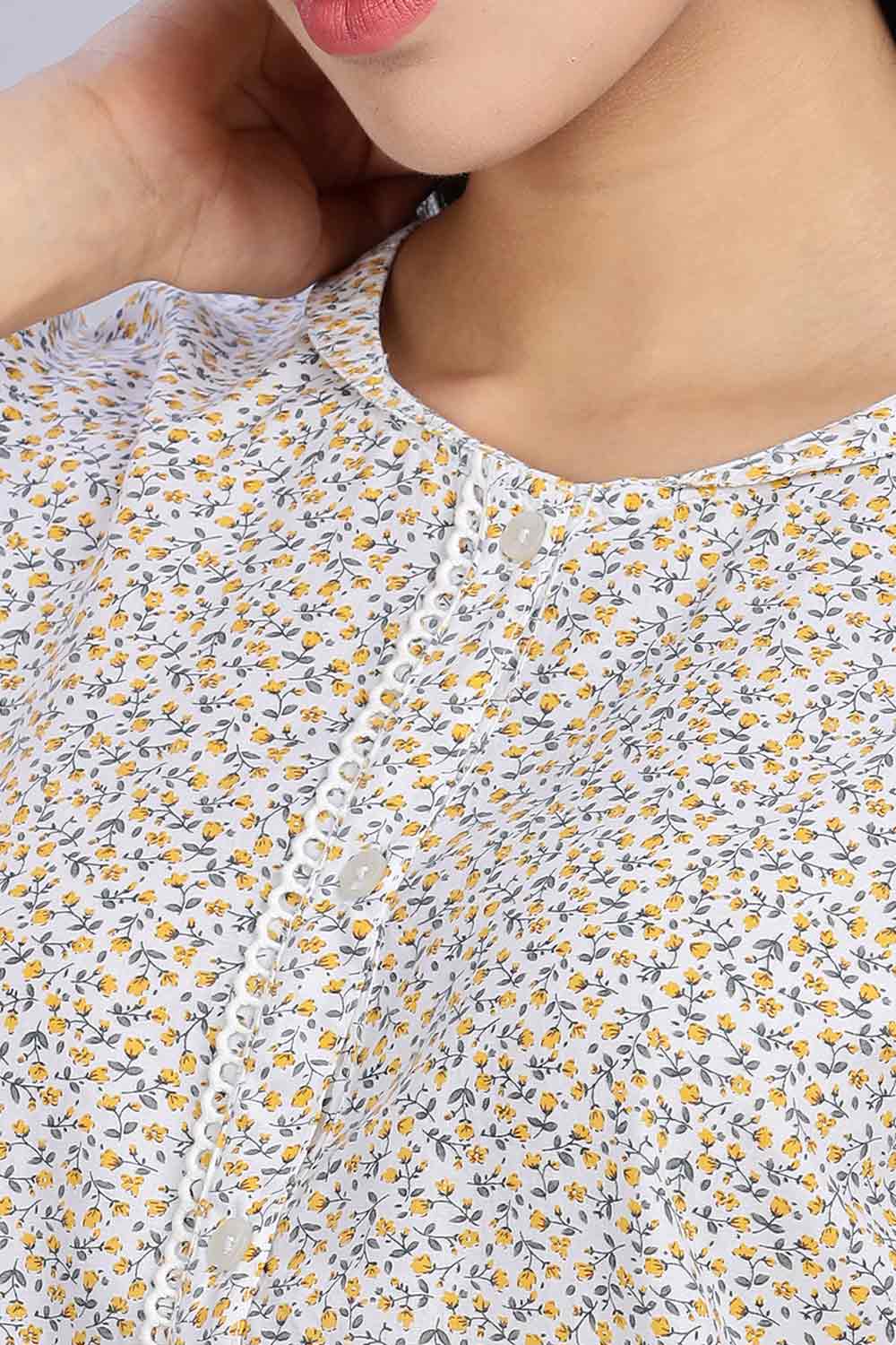 Naidu Hall Women's Printed A-Line Nighty with Round Neck Mock Shawl Collar, Half Sleeves, and Lace Detailed Button Placket - Yellow - NA07