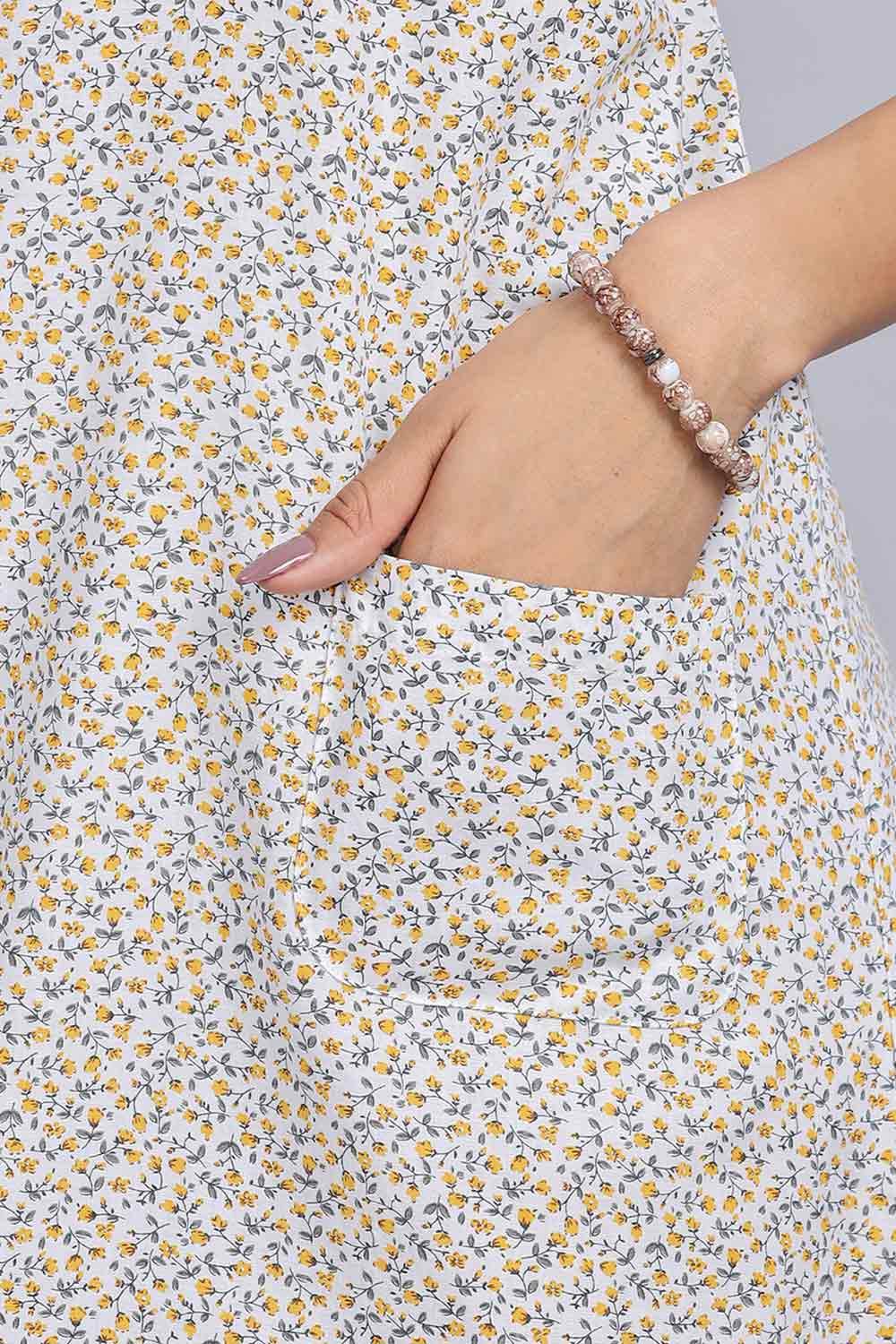Naidu Hall Women's Printed A-Line Nighty with Round Neck Mock Shawl Collar, Half Sleeves, and Lace Detailed Button Placket - Yellow - NA07 - Naidu Hall Family Store