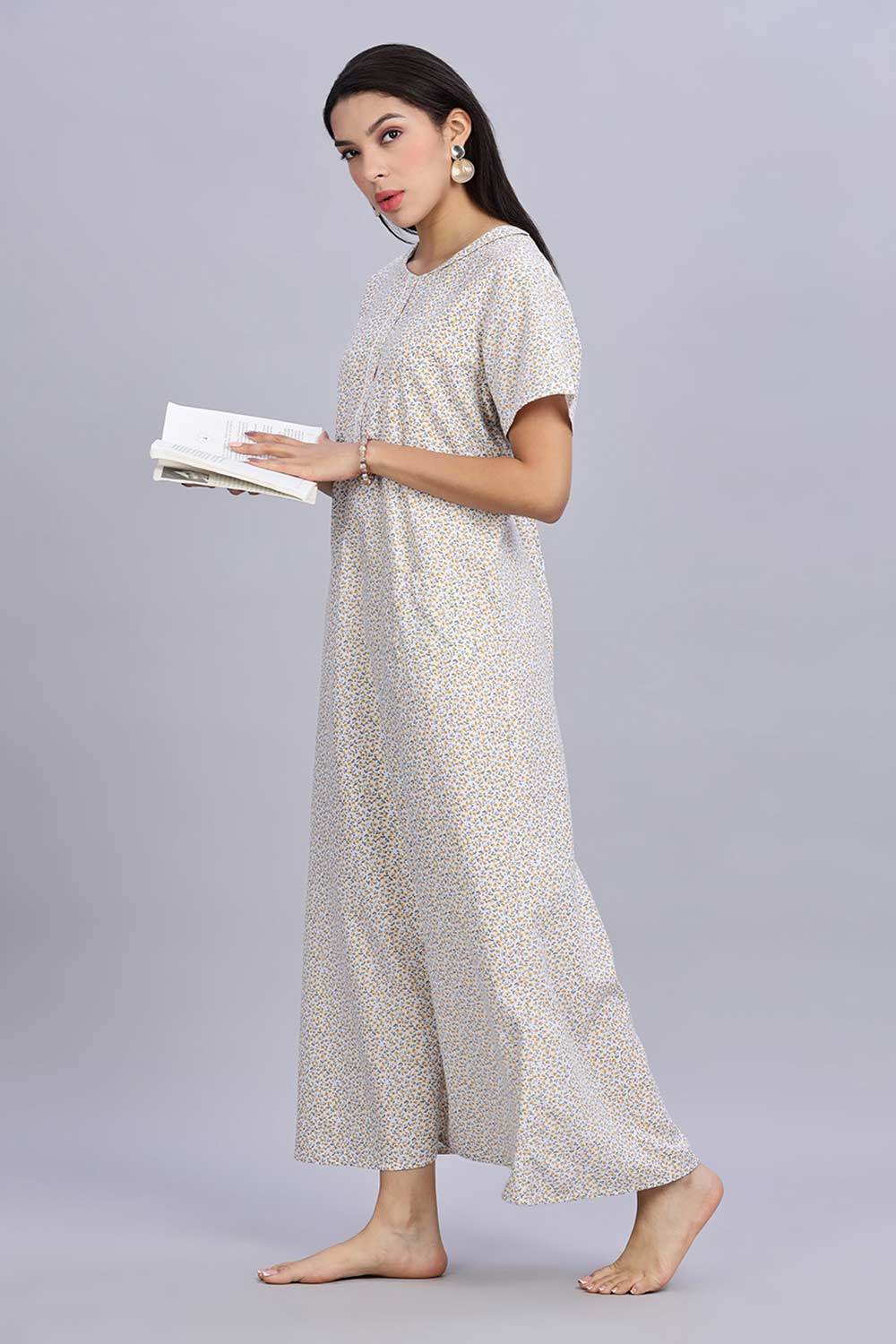 Naidu Hall Women's Printed A-Line Nighty with Round Neck Mock Shawl Collar, Half Sleeves, and Lace Detailed Button Placket - Yellow - NA07 - Naidu Hall Family Store
