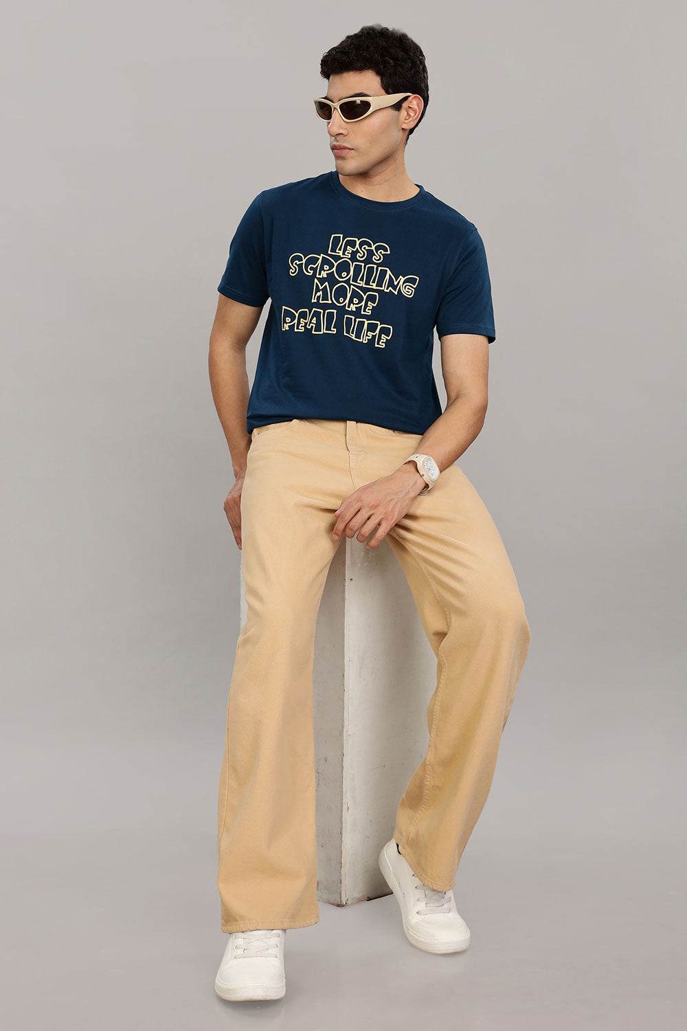 Enhance Men's Cotton T-Shirt with Typography Print – Round Neck Half Sleeve Everyday Wear - Navy - T107 - Naidu Hall Family Store