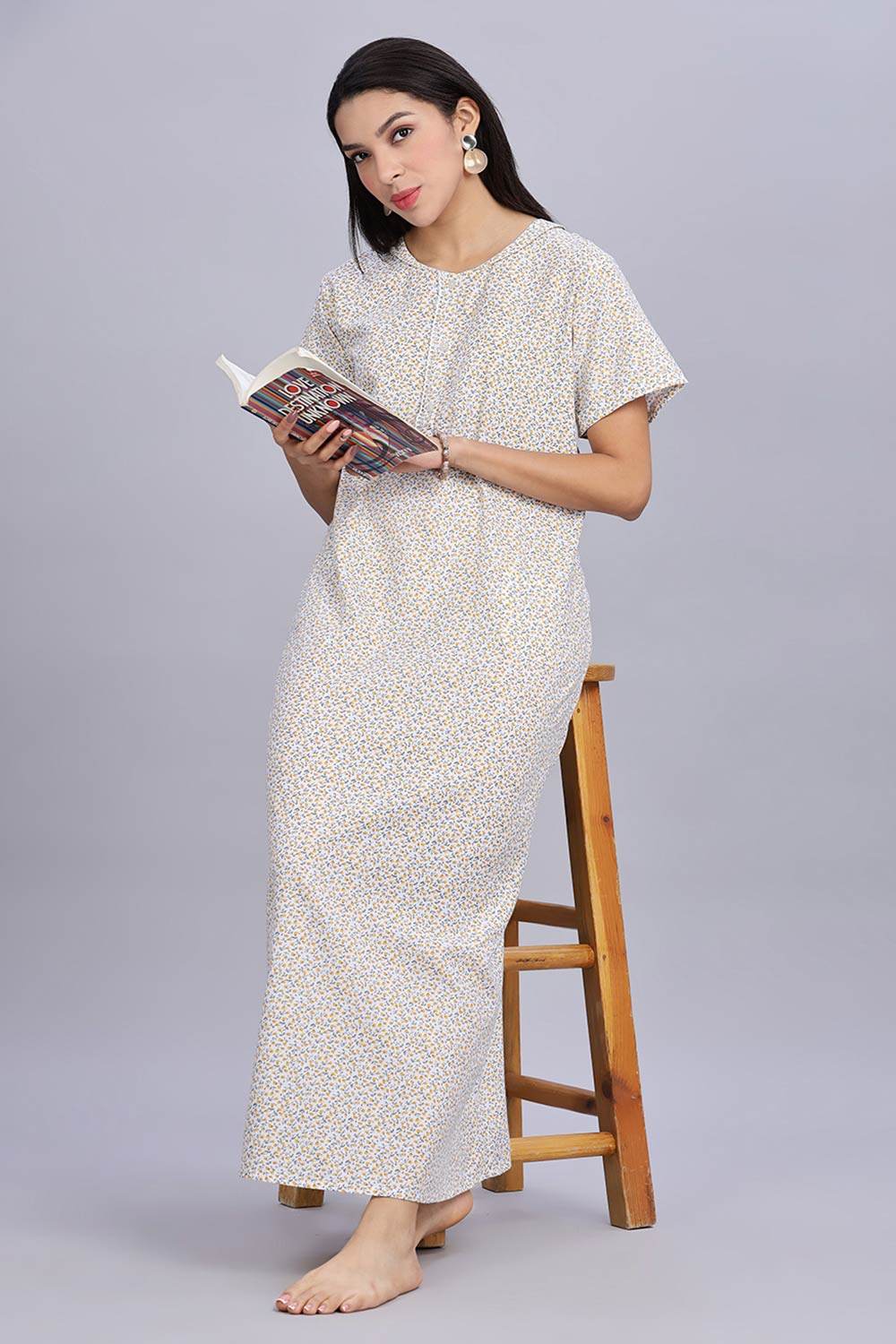 Naidu Hall Women's Printed A-Line Nighty with Round Neck Mock Shawl Collar, Half Sleeves, and Lace Detailed Button Placket - Yellow - NA07 - Naidu Hall Family Store