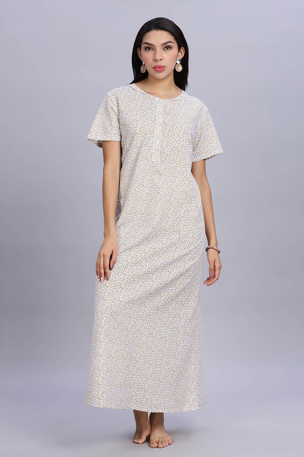 Naidu Hall Women's Printed A-Line Nighty with Round Neck Mock Shawl Collar, Half Sleeves, and Lace Detailed Button Placket - Yellow - NA07