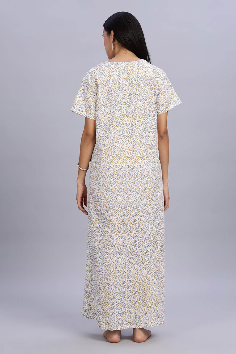 Naidu Hall Women's Printed A-Line Nighty with Round Neck Mock Shawl Collar, Half Sleeves, and Lace Detailed Button Placket - Yellow - NA07
