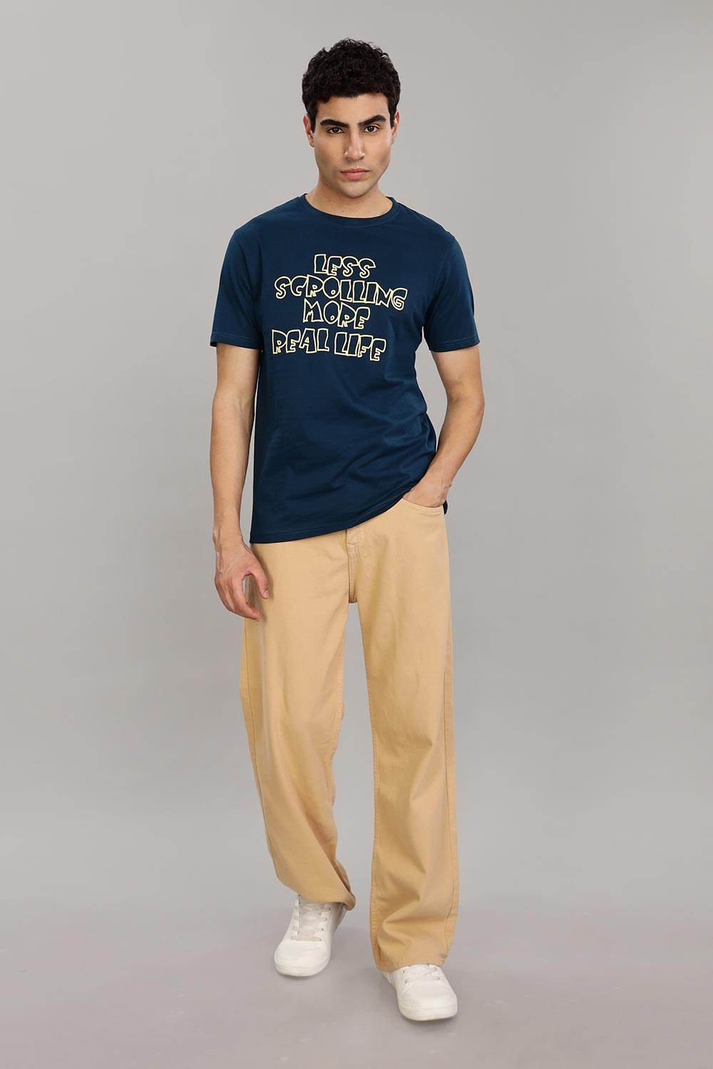 Enhance Men's Cotton T-Shirt with Typography Print – Round Neck Half Sleeve Everyday Wear - Navy - T107 - Naidu Hall Family Store