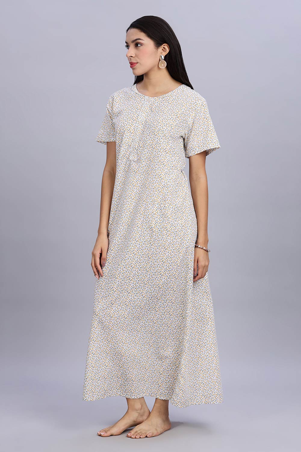 Naidu Hall Women's Printed A-Line Nighty with Round Neck Mock Shawl Collar, Half Sleeves, and Lace Detailed Button Placket - Yellow - NA07