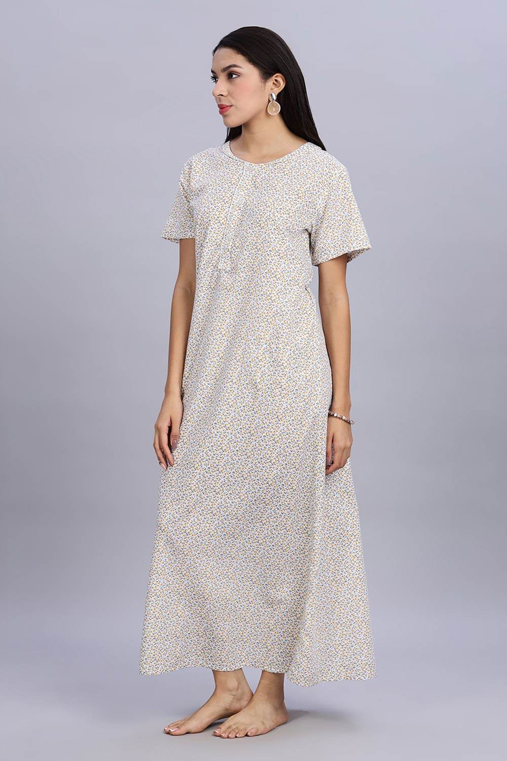 Naidu Hall Women's Printed A-Line Nighty with Round Neck Mock Shawl Collar, Half Sleeves, and Lace Detailed Button Placket - Yellow - NA07 - Naidu Hall Family Store