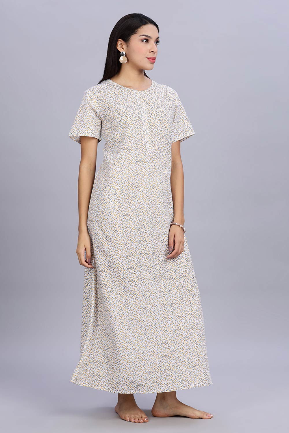 Naidu Hall Women's Printed A-Line Nighty with Round Neck Mock Shawl Collar, Half Sleeves, and Lace Detailed Button Placket - Yellow - NA07