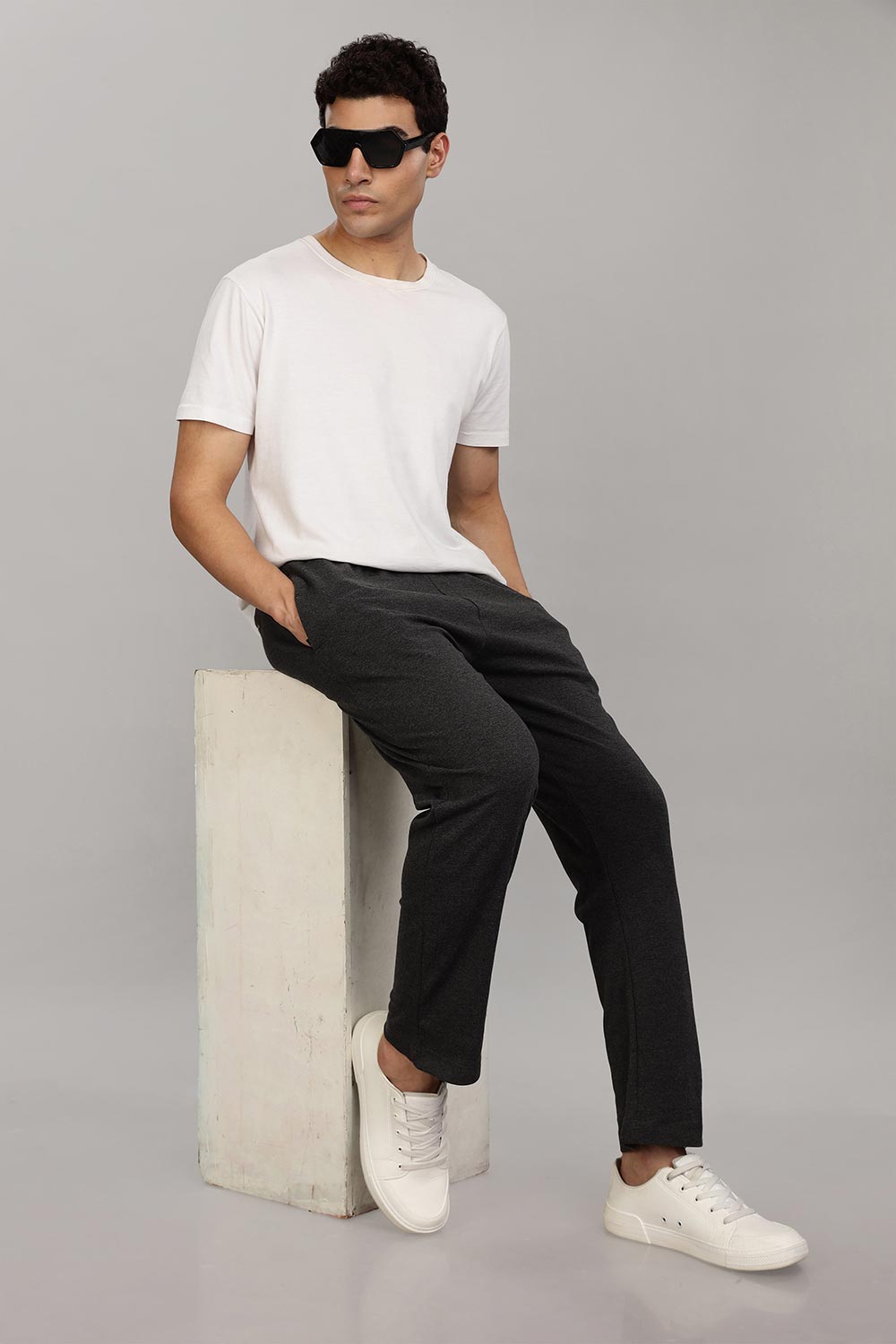 Enhance Men's Cotton Blend Knitted Track Pants with Zipper Pocket and Drawstring Daily Wear & Sleepwear - Black Melange - TP01