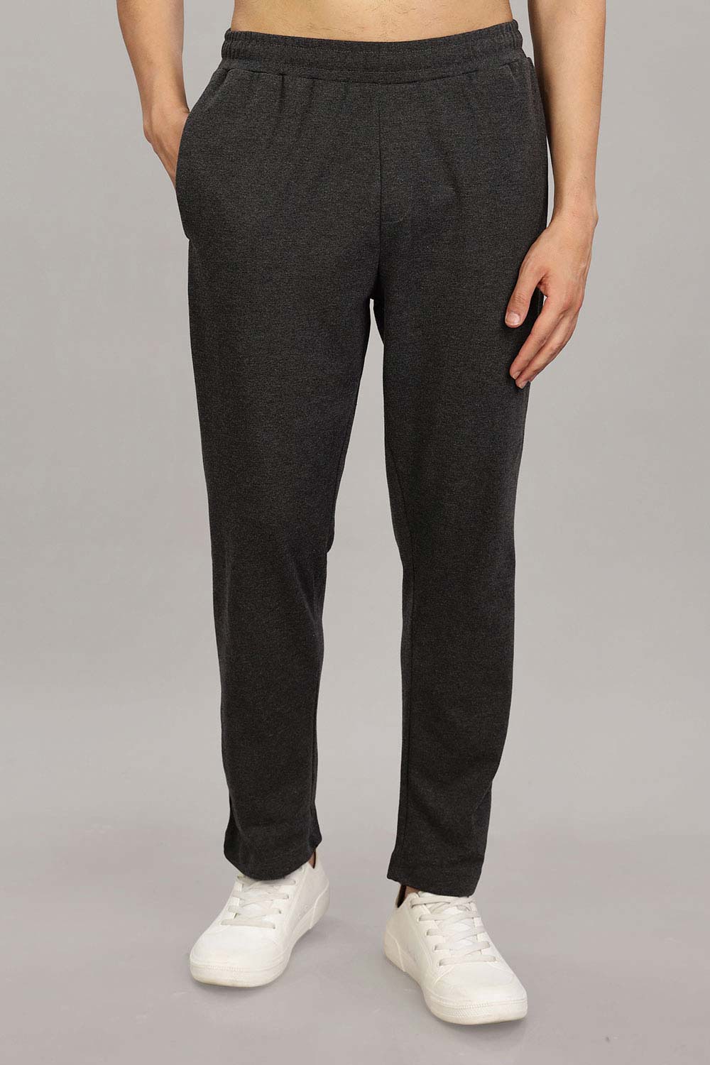 Enhance Men's Cotton Blend Knitted Track Pants with Zipper Pocket and Drawstring Daily Wear & Sleepwear - Black Melange - TP01