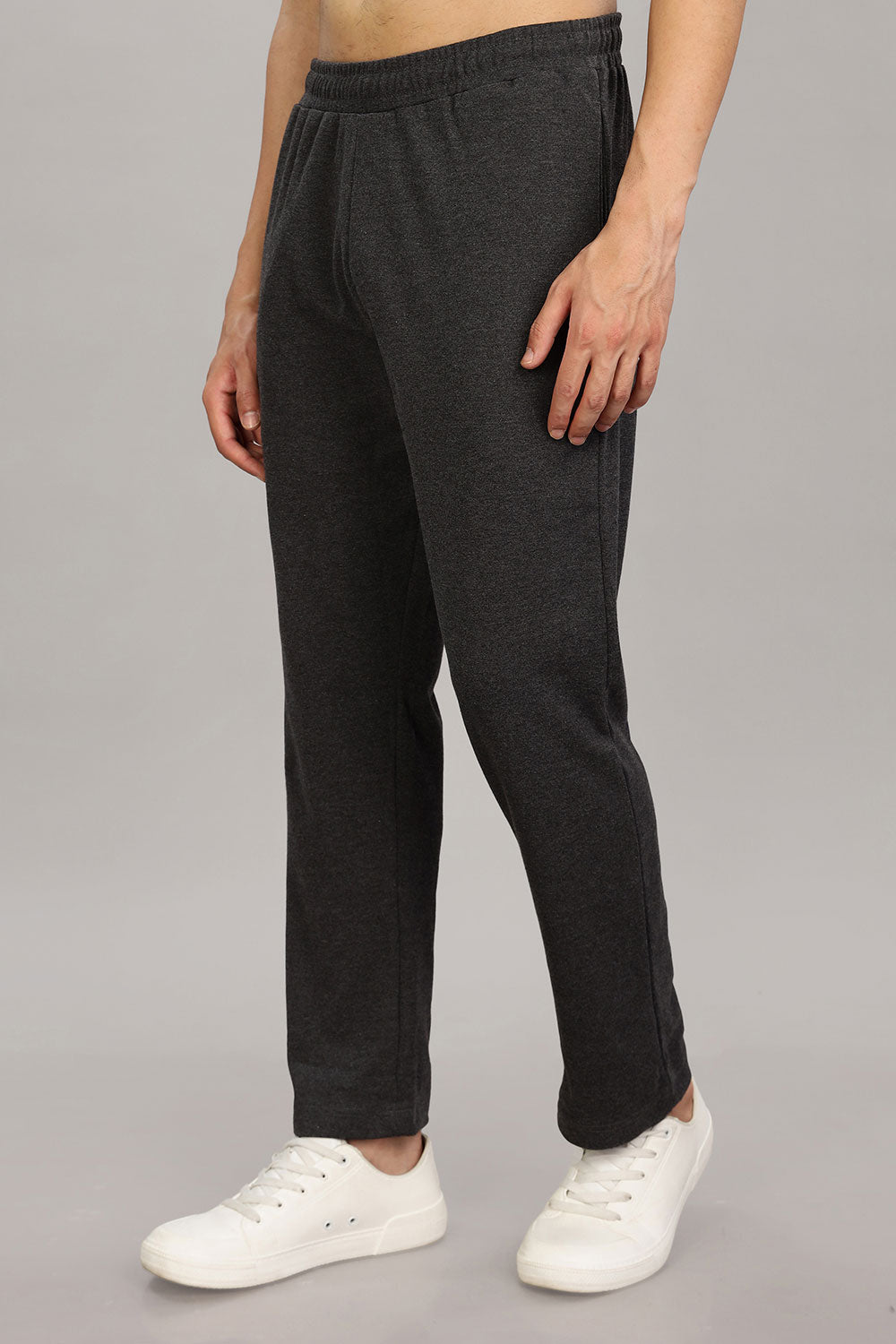 Enhance Men's Cotton Blend Knitted Track Pants with Zipper Pocket and Drawstring Daily Wear & Sleepwear - Black Melange - TP01