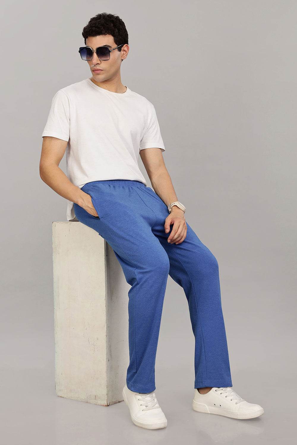 Enhance Men's Cotton Blend Knitted Track Pants with Zipper Pocket and Drawstring – Daily Wear & Sleepwear - Blue - T103 - Naidu Hall Family Store