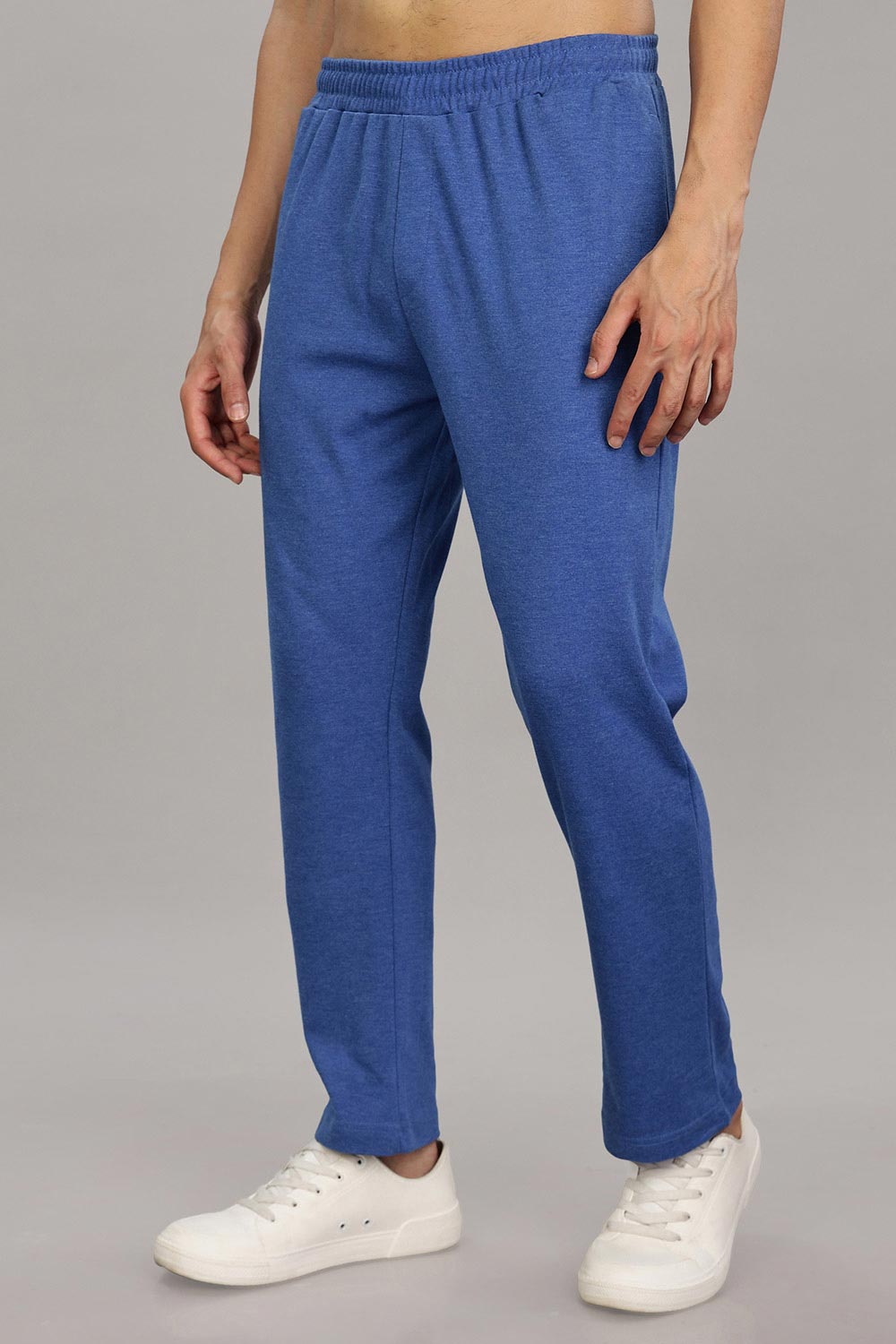 Enhance Men's Cotton Blend Knitted Track Pants with Zipper Pocket and Drawstring Daily Wear & Sleepwear - Blue Melange - TP03