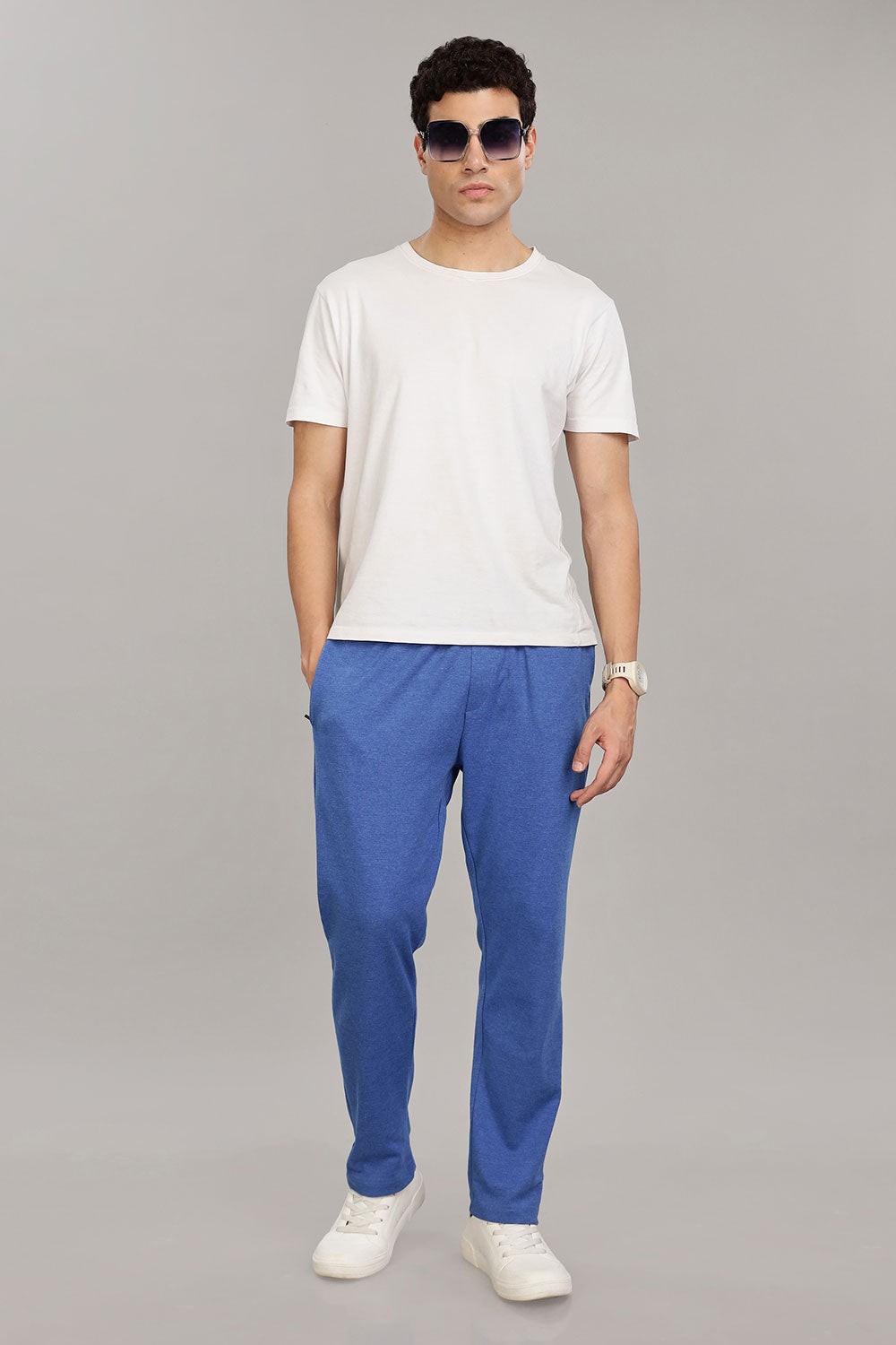 Enhance Men's Cotton Blend Knitted Track Pants with Zipper Pocket and Drawstring Daily Wear & Sleepwear - Blue Melange - TP03