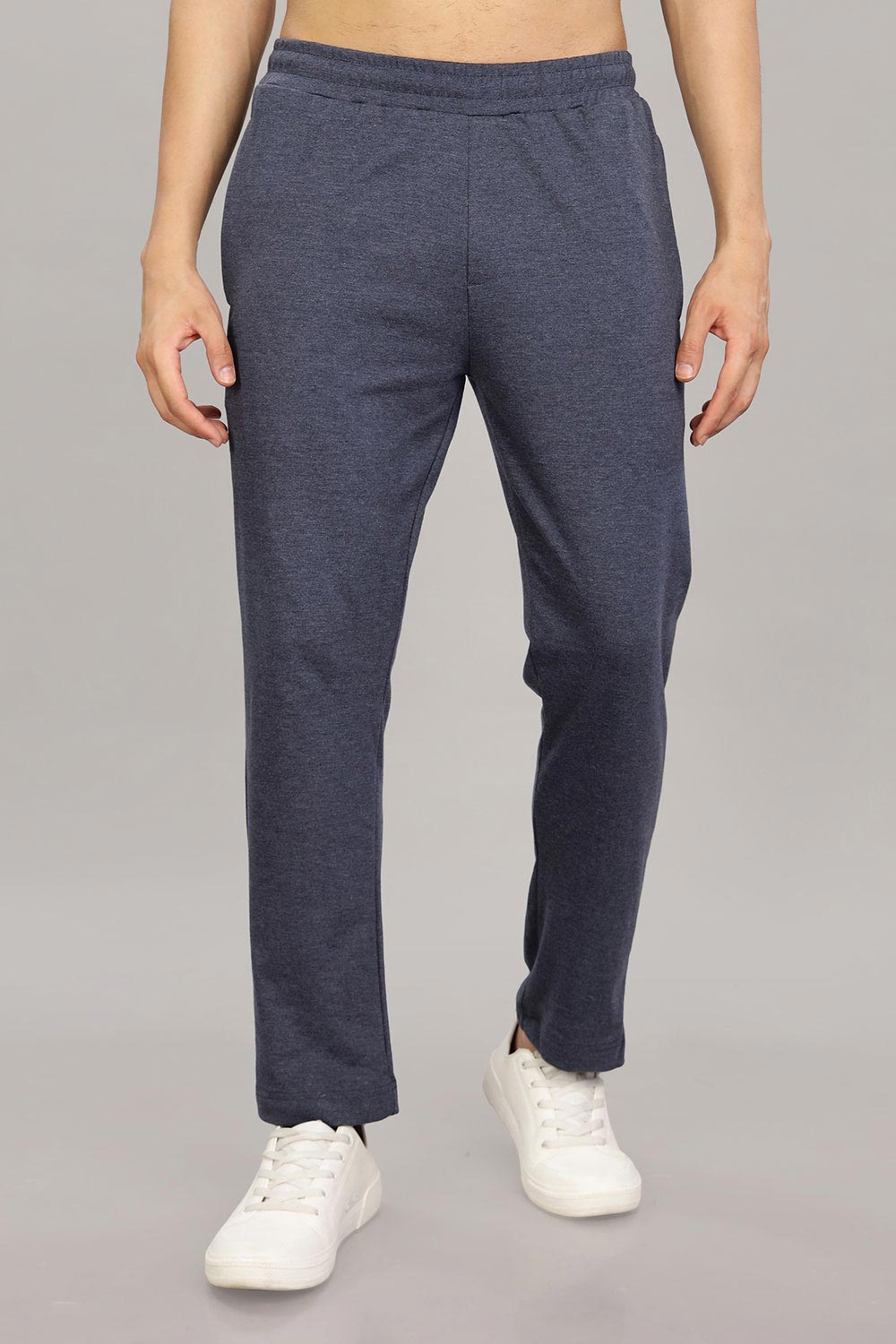 Enhance Men's Cotton Blend Knitted Track Pants with Zipper Pocket and Drawstring Daily Wear & Sleepwear - Navy Blue Melange- TP02