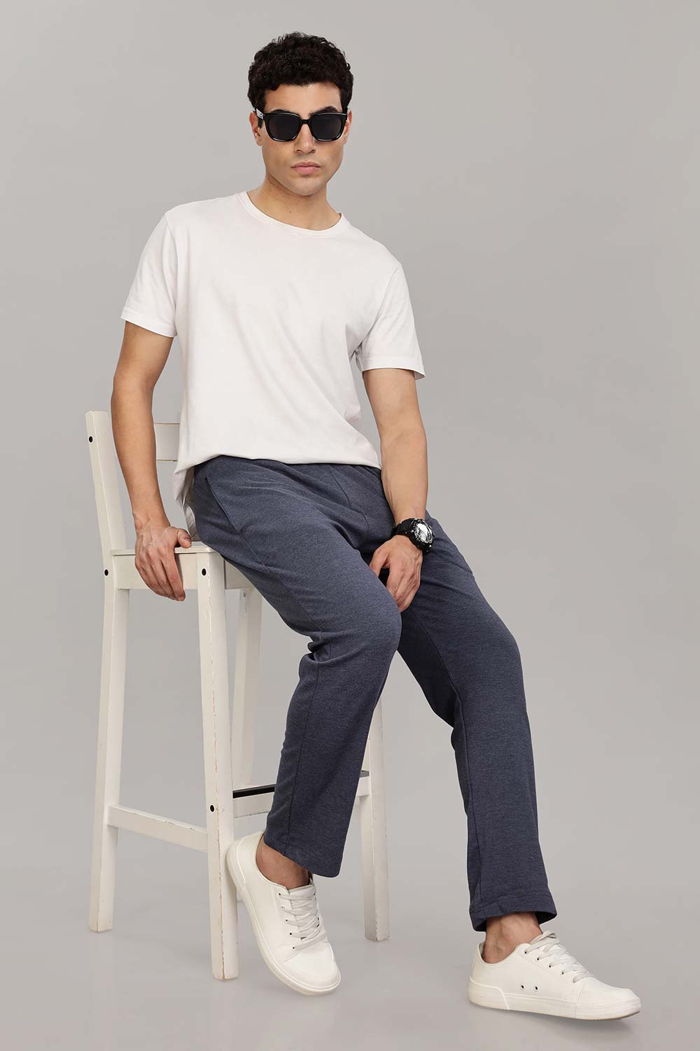 Enhance Men's Cotton Blend Knitted Track Pants with Zipper Pocket and Drawstring Daily Wear & Sleepwear - Navy Blue Melange- TP02