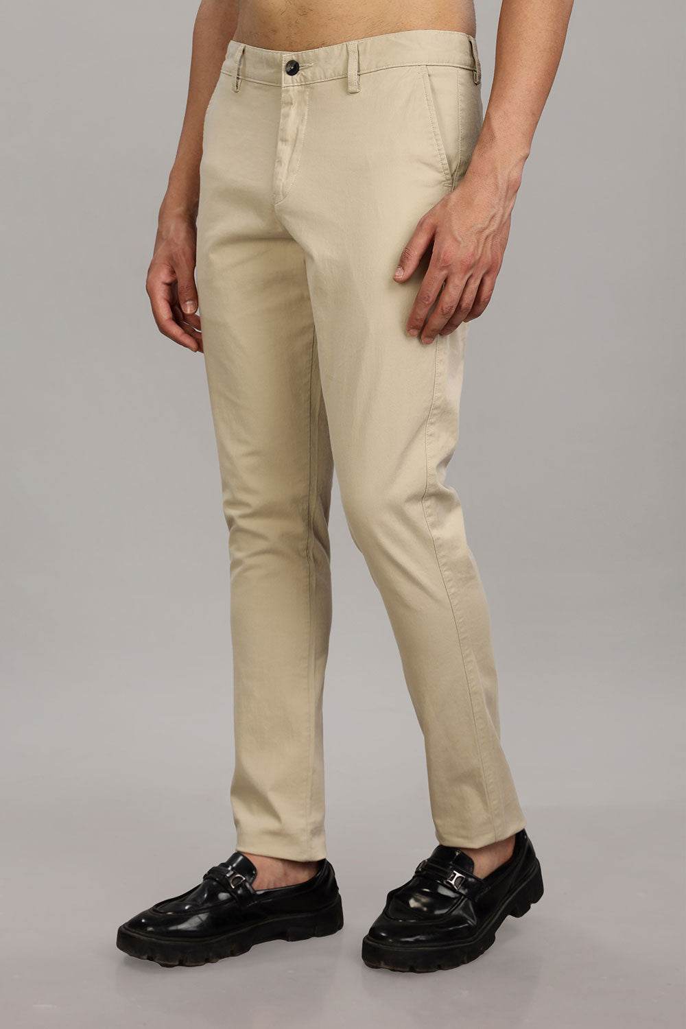 Enhance Men's Grey Cotton Stretch Trousers with Zipper Fly and Side Pockets – Office to Casual Wear - Beige - R407 - Naidu Hall Family Store