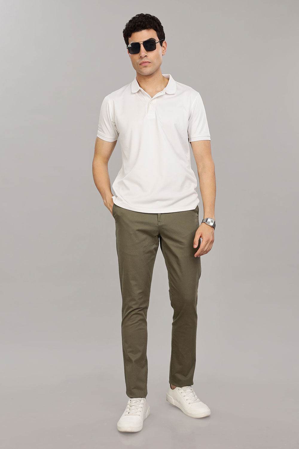 Enhance Men's Grey Cotton Stretch Trousers with Zipper Fly and Side Pockets – Office to Casual Wear - Green - R408 - Naidu Hall Family Store