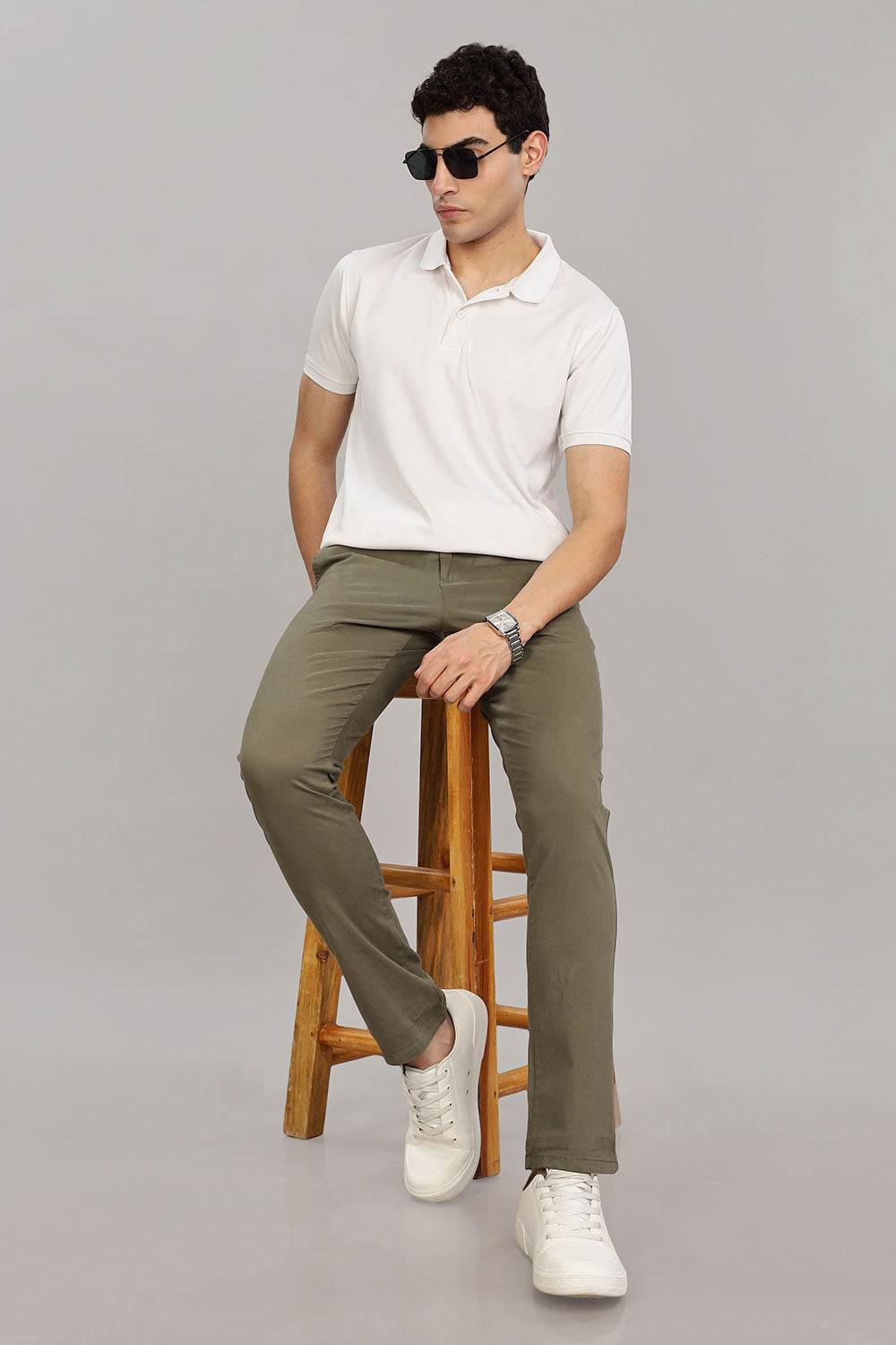 Enhance Men's Grey Cotton Stretch Trousers with Zipper Fly and Side Pockets – Office to Casual Wear - Green - R408 - Naidu Hall Family Store