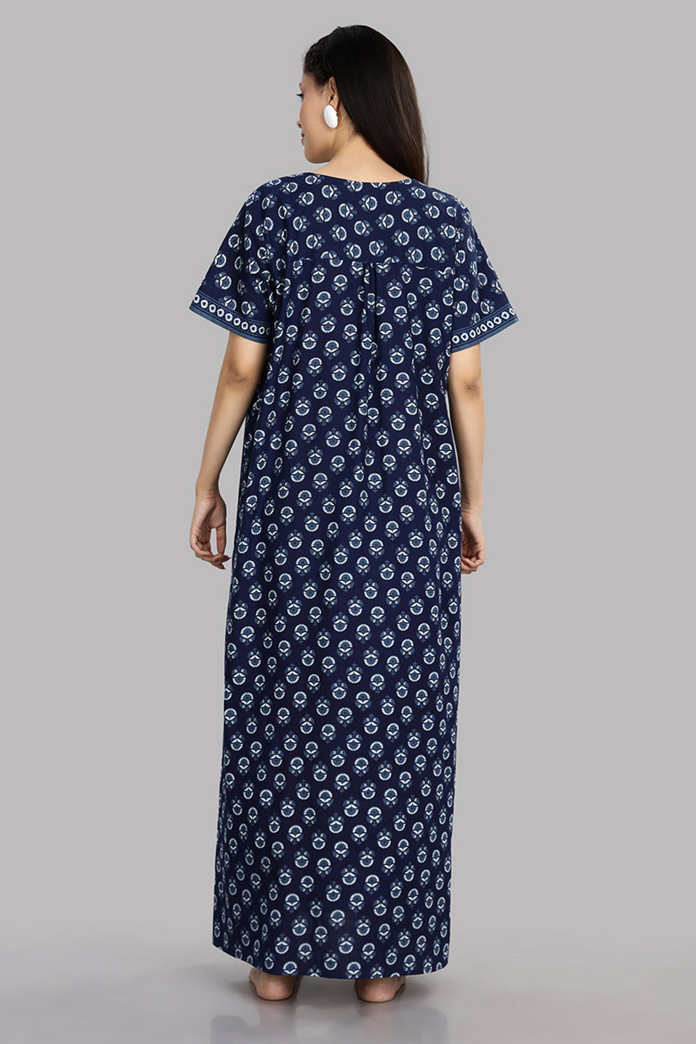 Naidu Hall Women's Round Neck A-Line Nighty with Front Button Placket and Piping Detailed Yoke - Indigo - NA19