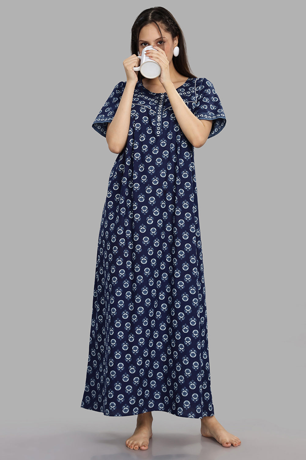 Naidu Hall Women's Round Neck A-Line Nighty with Front Button Placket and Piping Detailed Yoke - Indigo - NA19